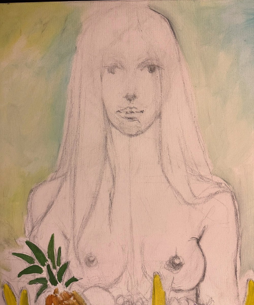 Sergio Brizio 1938-1997 Huile Jeune Femme Aux Fruits Et Seins Nus étude 