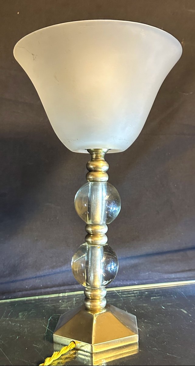 Art Deco Lamp Dlg Jacques Adnet Bronze And Glass In Very Good Condition -photo-2
