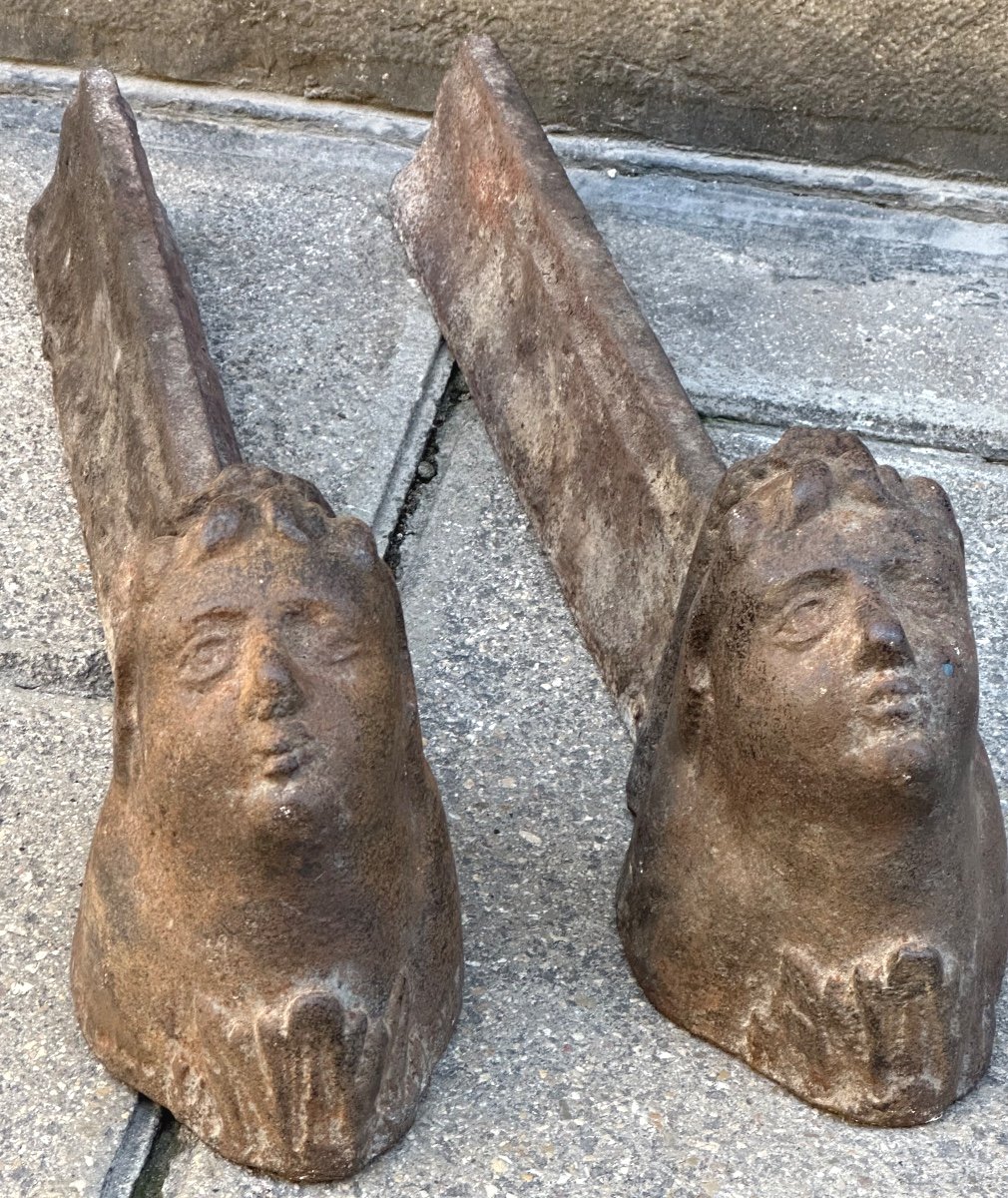 Pair Of Cast Iron Fireplace Andirons With Female Faces, 18th Century -photo-5