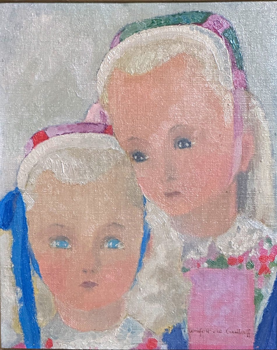Montfort Le Guellaff 20th Oil Little Girls From Plougastel Brittany Art Deco Daoulas Bretonnes-photo-2