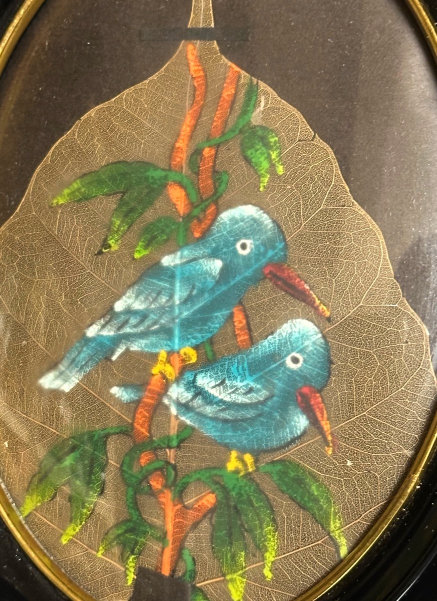 Inde Peinture oiseaux sur feuille d’arbre pipal Verre de cadre bombé-photo-2