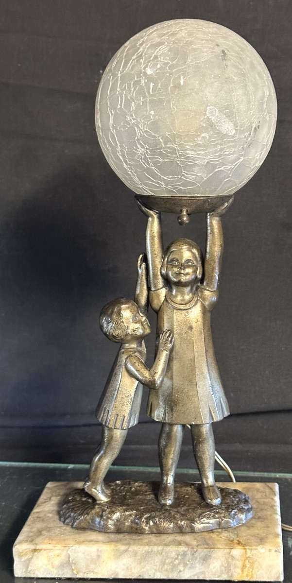 Charming Art Deco Lamp 1930 Children Playing Ball Very Good Condition Play -photo-2