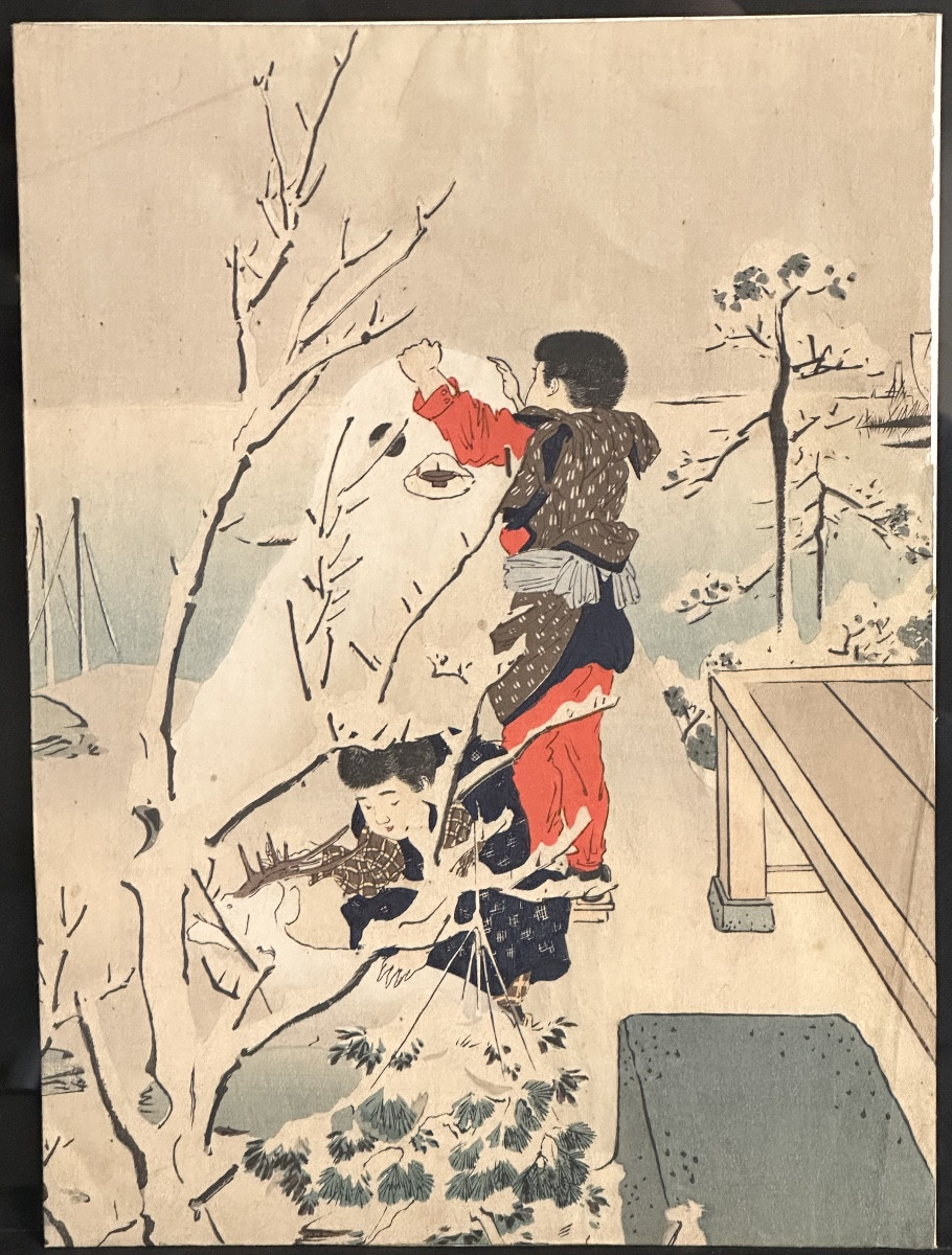 Japan 19th Century Shuntei Print Children And Snowman And Deer Carved Wooden Frame Black Forest-photo-2