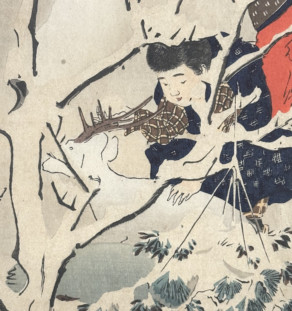 Japan 19th Century Shuntei Print Children And Snowman And Deer Carved Wooden Frame Black Forest-photo-3