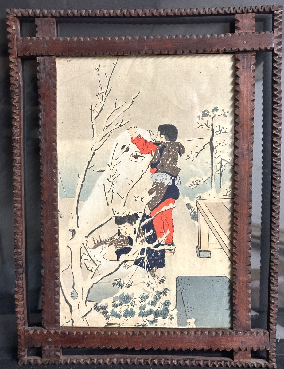 Japan 19th Century Shuntei Print Children And Snowman And Deer Carved Wooden Frame Black Forest