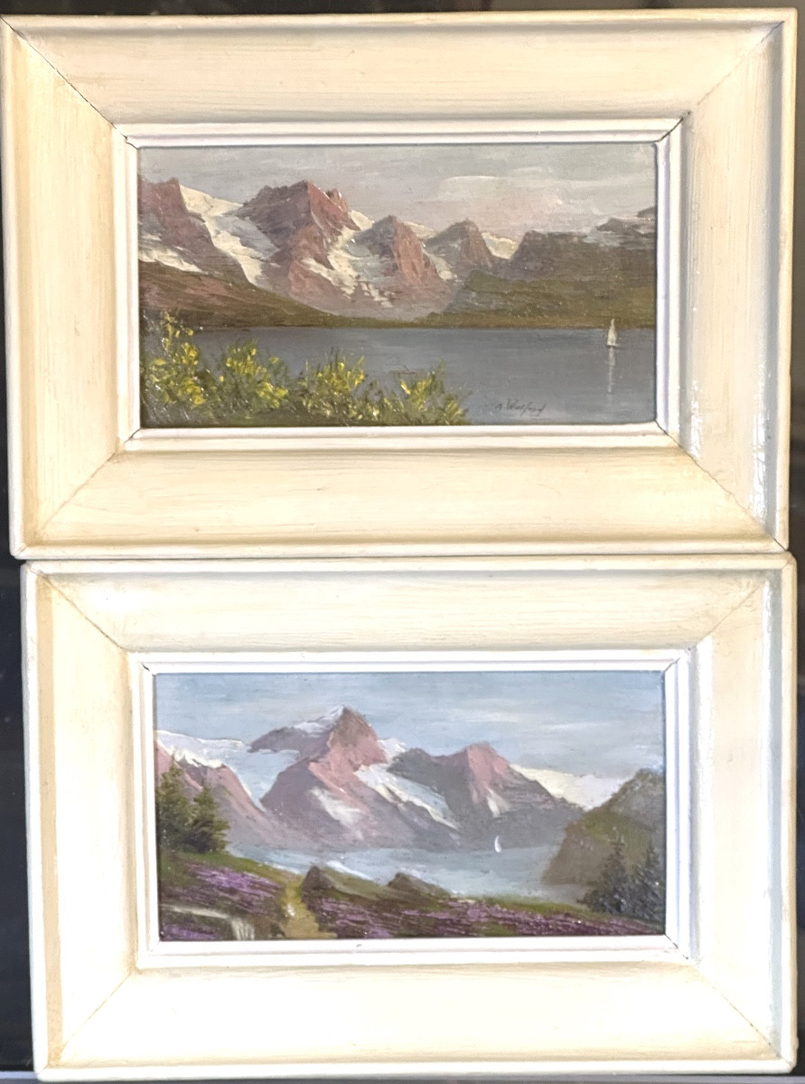 Astrid Walford 1907-1982 Pair (2) Oil Mountain Landscape With Snow And Lake Alps Oisans 