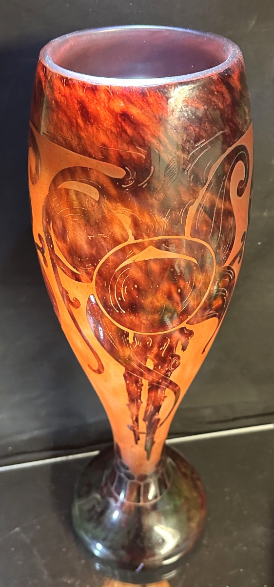 French Glass Monumental Vase 59cm Plums Double Signature 1920 Schneider Referenced -photo-4