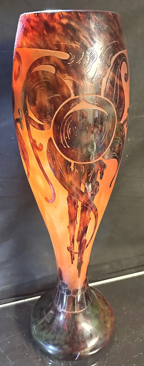 French Glass Monumental Vase 59cm Plums Double Signature 1920 Schneider Referenced -photo-5
