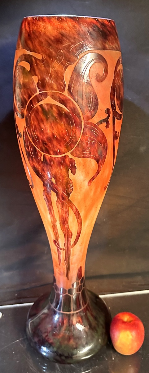 French Glass Monumental Vase 59cm Plums Double Signature 1920 Schneider Referenced 