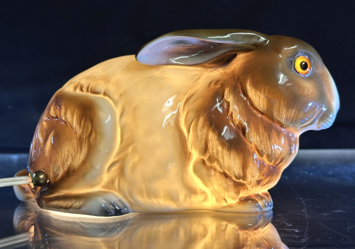 1925 Porcelain Rabbit Night Light With Glass Hare Eyes -photo-2