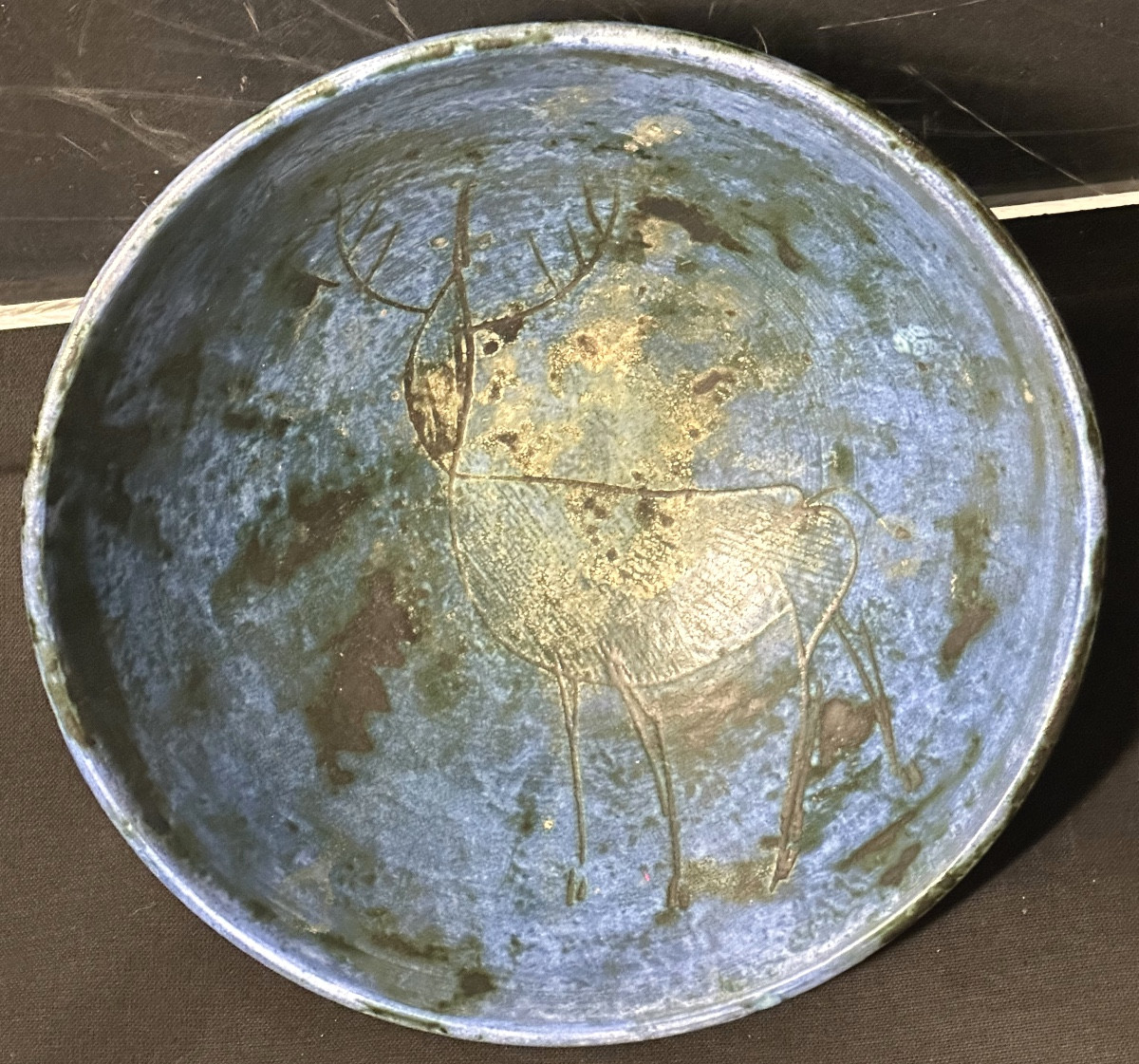 Jacques Blin Large Blue Ceramic Hollow Bowl Signed In Very Good Condition Deer-photo-4