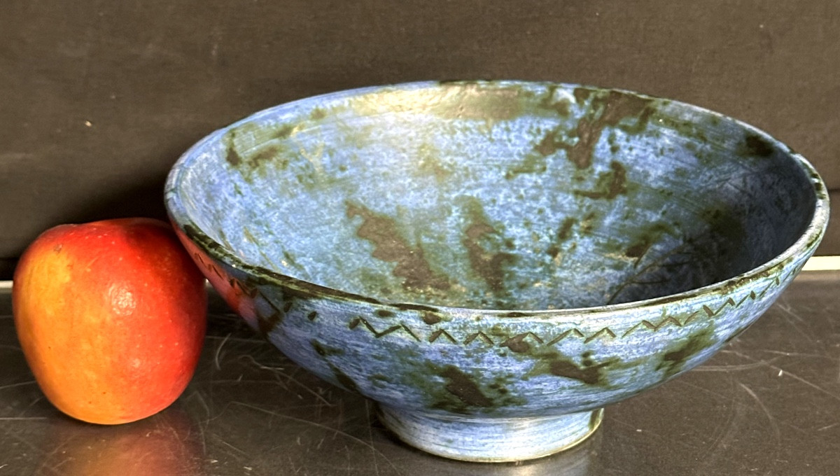 Jacques Blin Large Blue Ceramic Hollow Bowl Signed In Very Good Condition Deer