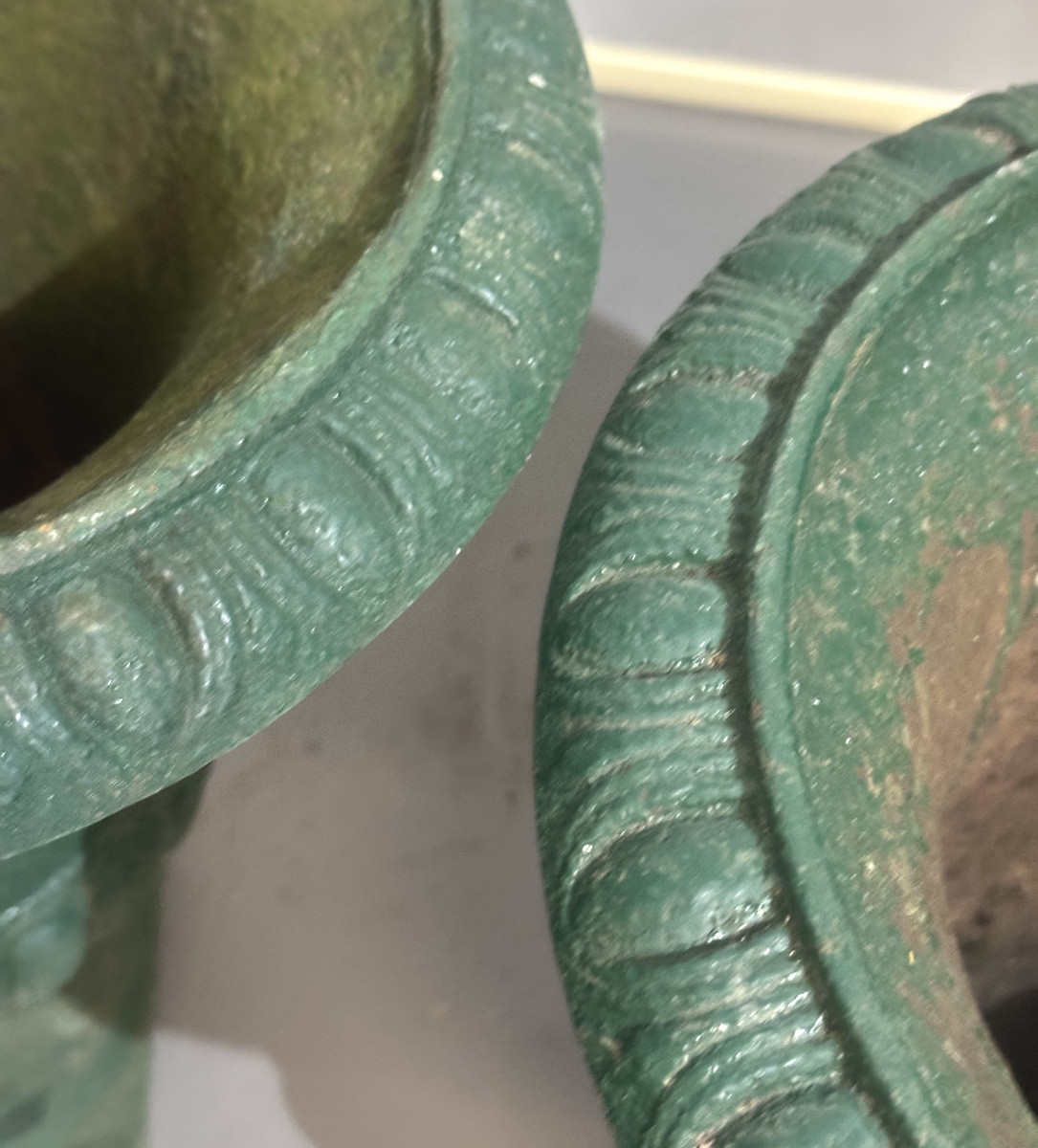 Paire de grandes vasques de Jardin en fonte XIXe 50kgs  49cm en très bon état /2-photo-4