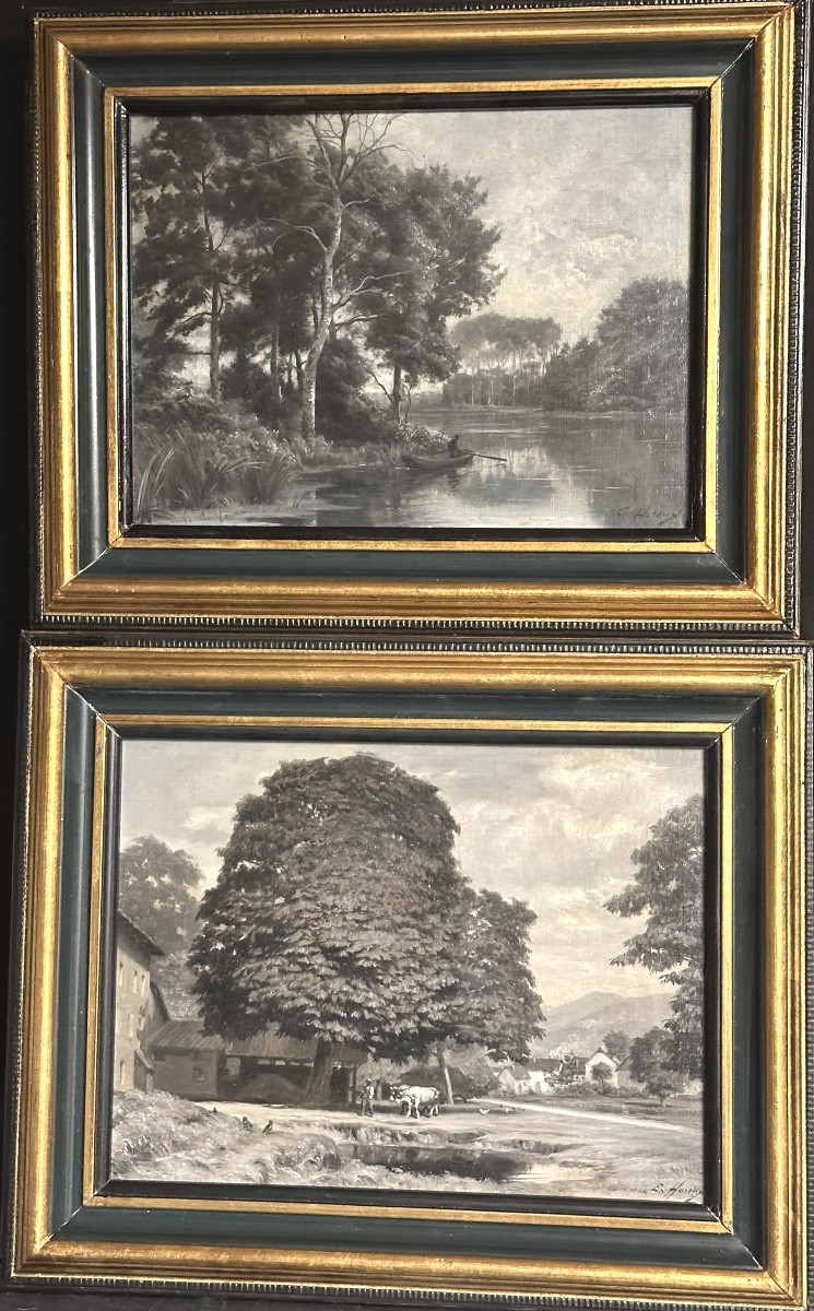 Ernest Hareux 1847-1909 Rare Pair Of 2 Signed Oils Nocturnal Landscapes In Grisaille Very Good Condition