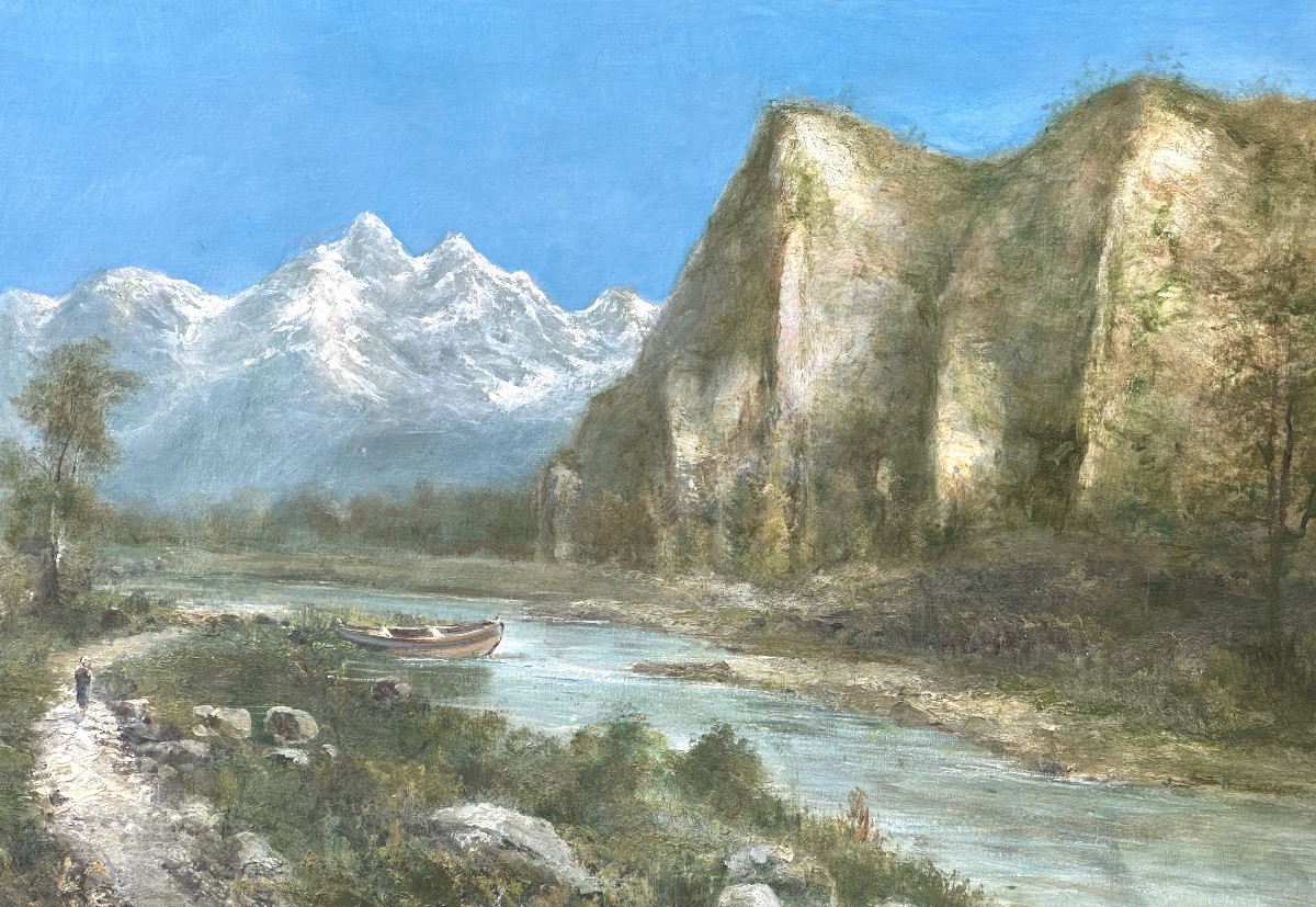 Alfred GODCHAUX 1835-1895 GRANDE huile Paysage Alpin animé et montagnes enneigées Alpes signé-photo-4