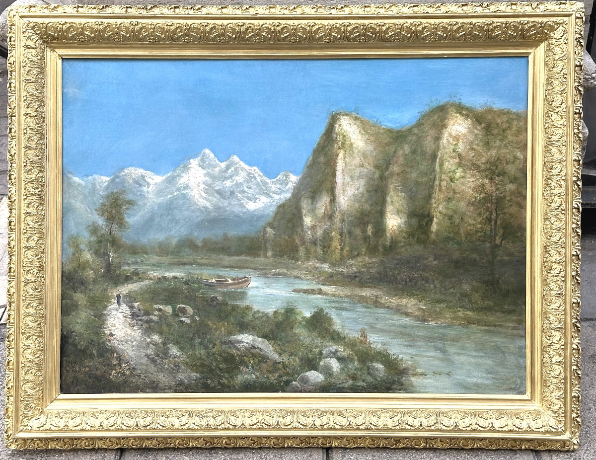 Alfred GODCHAUX 1835-1895 GRANDE huile Paysage Alpin animé et montagnes enneigées Alpes signé