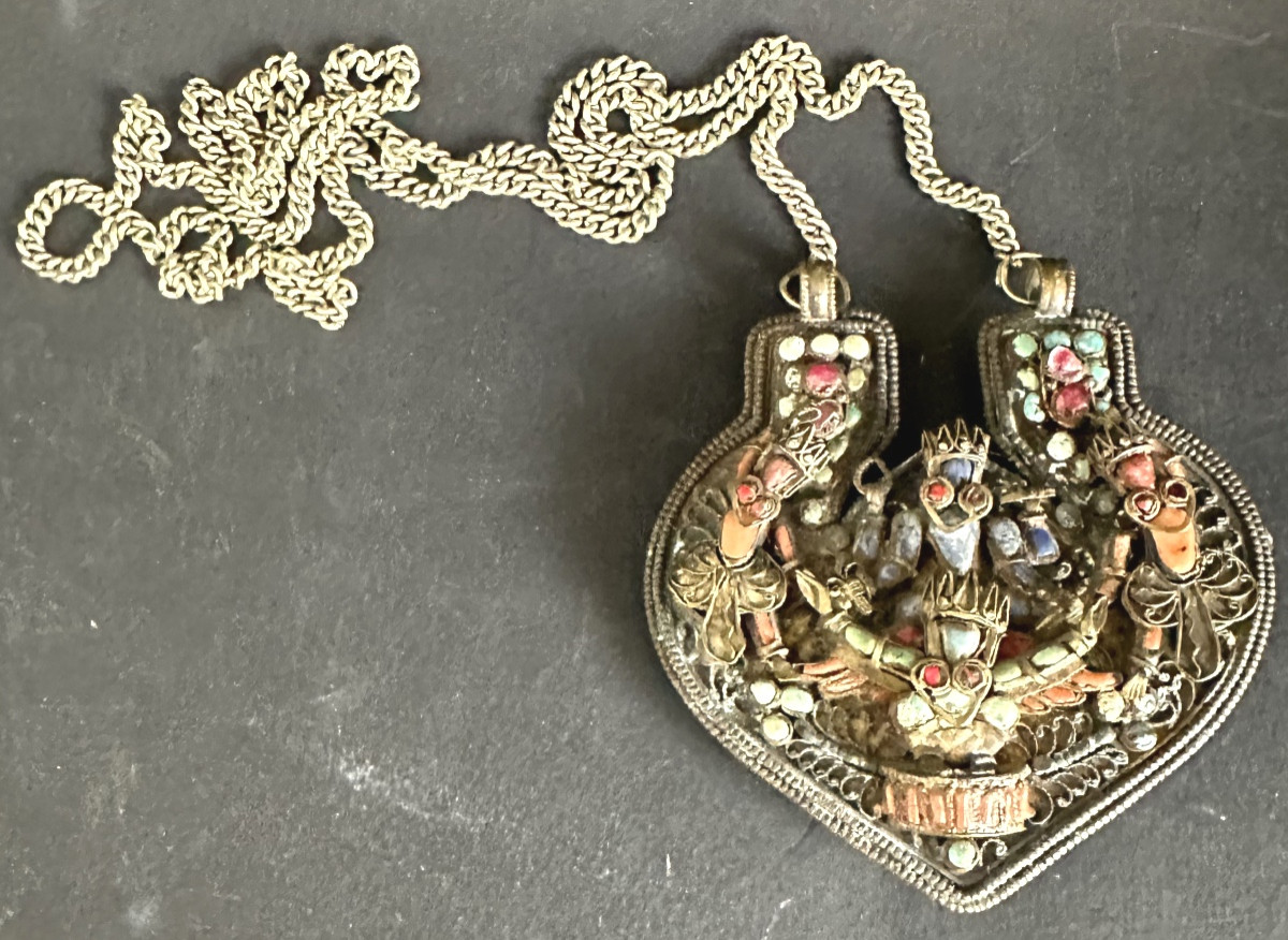 Ghau Tibet Nepal Silver Necklace Pendant Coral Turquoise Lapis Lazuli 19th Century Lapis Lazuli-photo-3