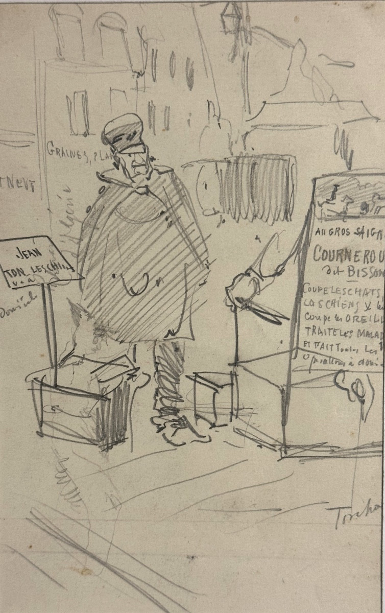 Dessin signé XIXe Tondeur de chiens chats à Paris toilettage pour chien chat curiosité