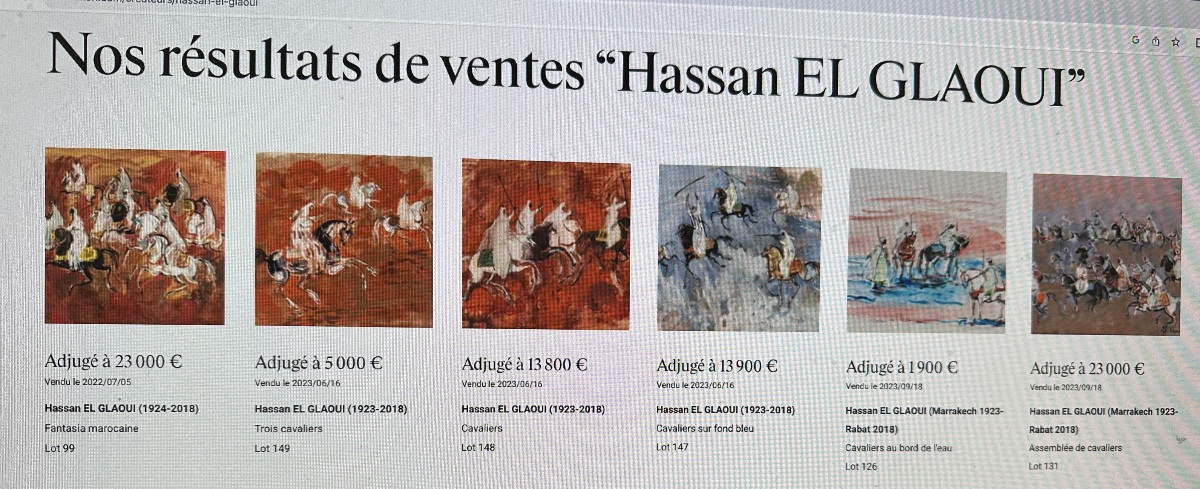 Hassan El Glaoui 1923-2018 Morocco Fantasia 2 Riders Gouache Moroccan Artist /1 Green-photo-3