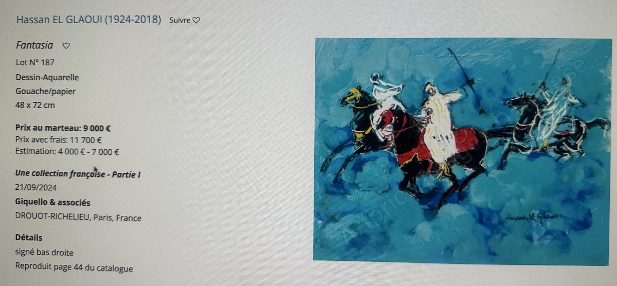 Hassan El Glaoui 1923-2018 Morocco Fantasia 2 Riders Gouache Moroccan Artist /1 Green-photo-4