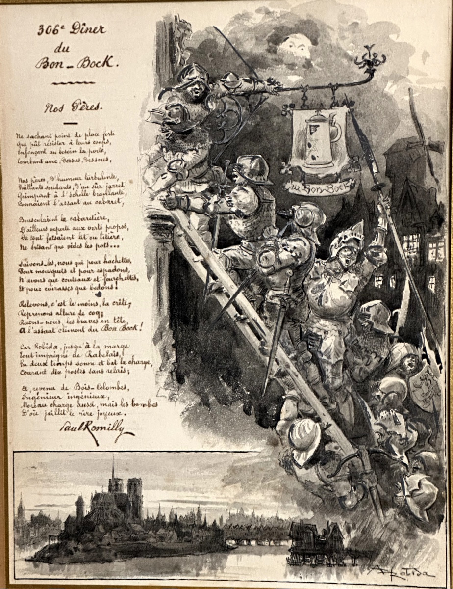 Albert ROBIDA aquarelle 306e dîner AU BON BOCK Paris + poème de Paul ROMILLY RARE Montmartre 
