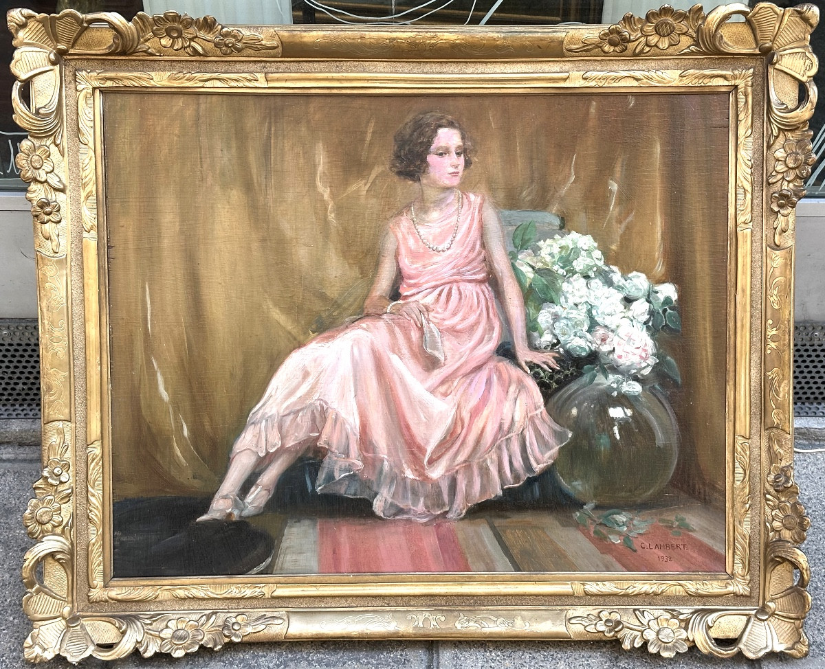 Camille Nicolas Lambert 1874-1963 Large Oil 1932 Young Elegant Woman With A Spray Of Belgian Roses