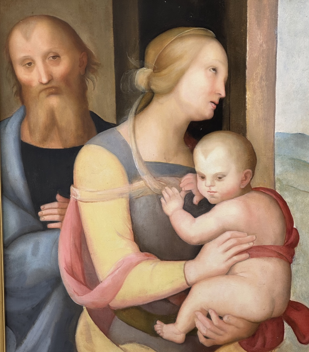 Grande huile style Renaissance Italienne milieu XIXe Sainte Famille sur panneau Très bon état -photo-2