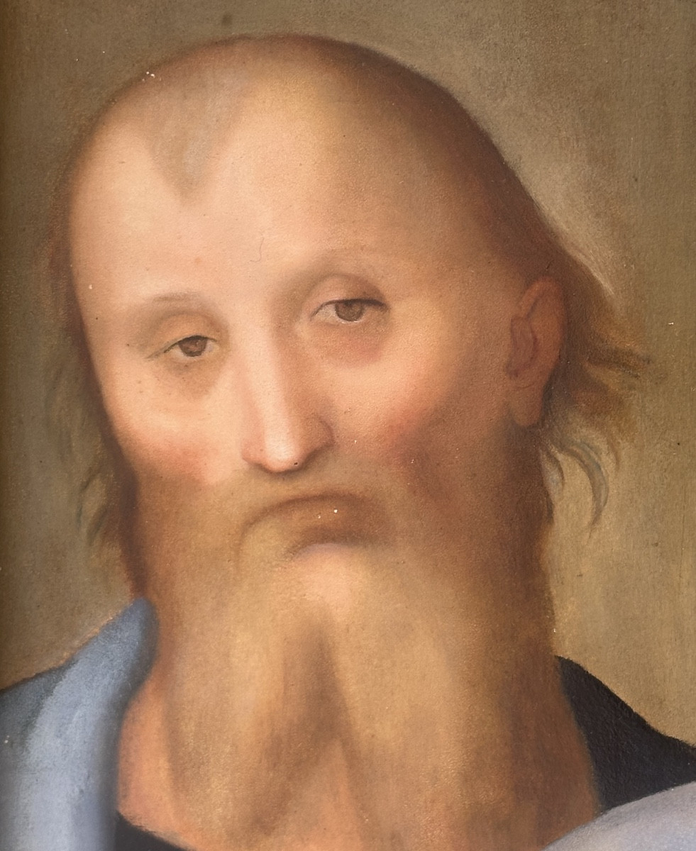 Grande huile style Renaissance Italienne milieu XIXe Sainte Famille sur panneau Très bon état -photo-4