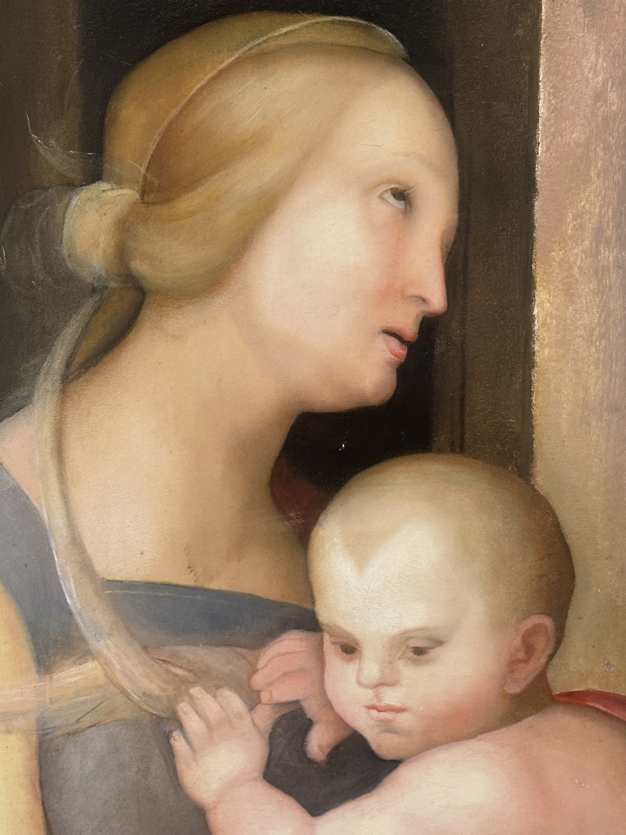 Grande huile style Renaissance Italienne milieu XIXe Sainte Famille sur panneau Très bon état -photo-1