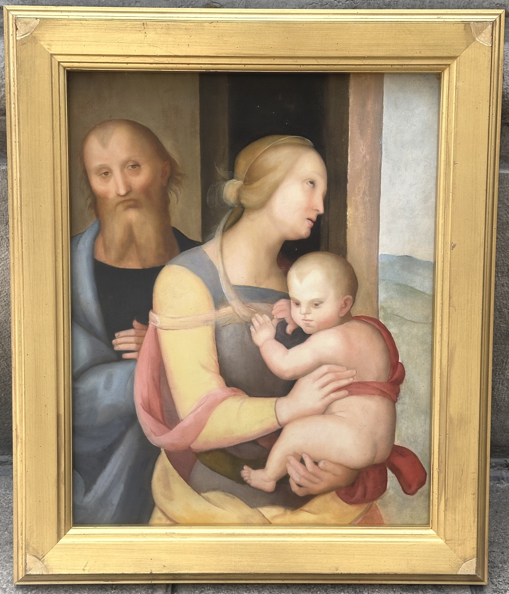 Grande huile style Renaissance Italienne milieu XIXe Sainte Famille sur panneau Très bon état 