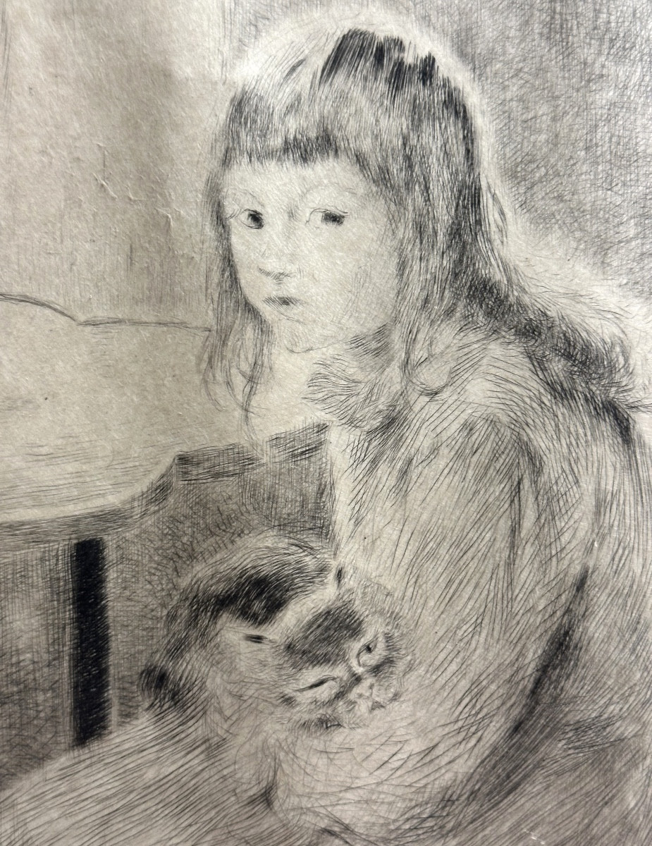 Gaston LATOUCHE 1854-1913 Saint Cloud Jeune fille au chat Pointe sèche sur Japon -photo-4