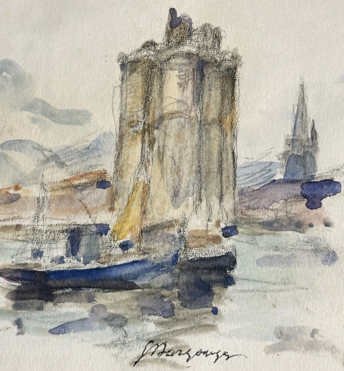 Georges DARGOUGE 1897-1990  Aquarelle DOUBLE FACE La Rochelle bateaux Charente Maritime /3-photo-4
