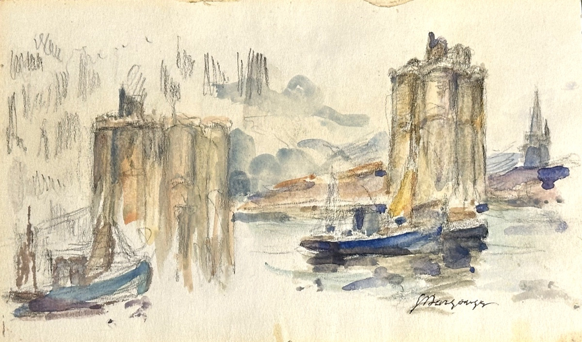 Georges DARGOUGE 1897-1990  Aquarelle DOUBLE FACE La Rochelle bateaux Charente Maritime /3