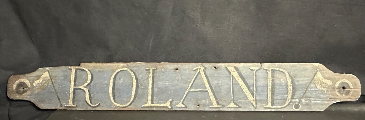 ROLAND ancien panneau de bateau en bois polychrome rare plaque vers 1900