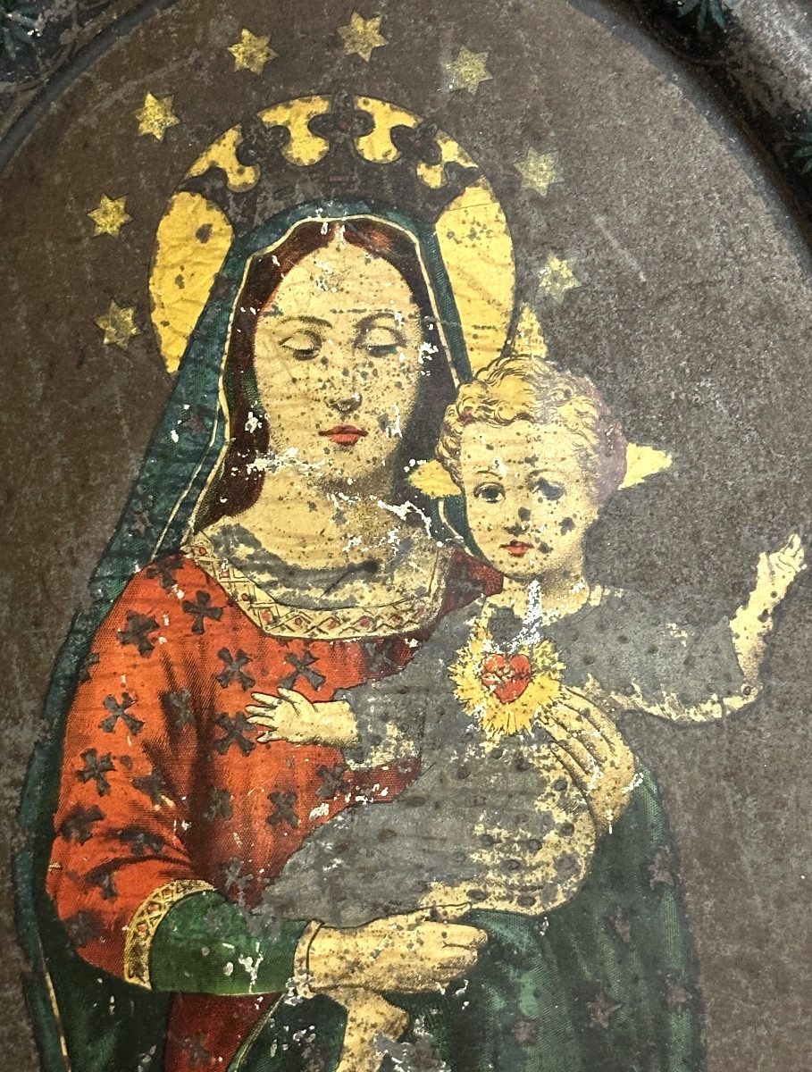 Vierge à l’enfant XIXe sur metal bombé Lithographie polychrome religieuse Napoléon III-photo-2