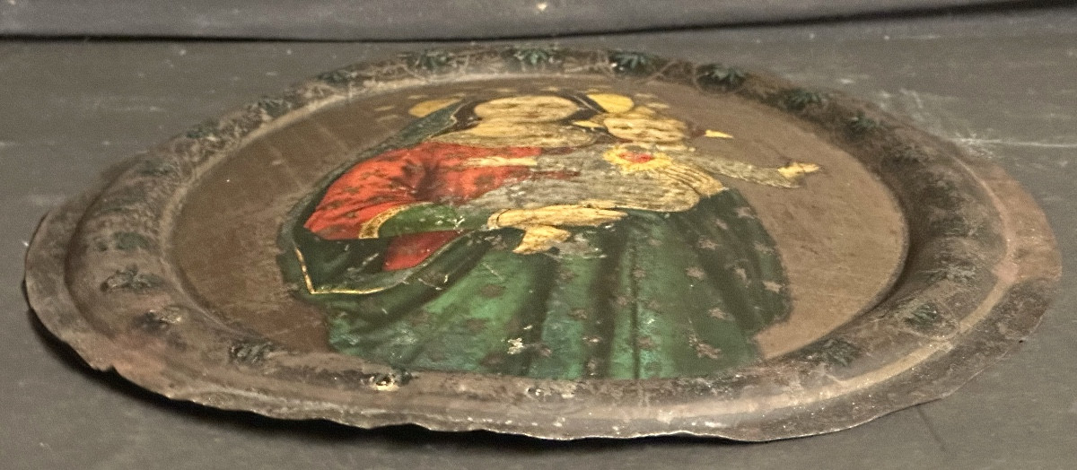 Vierge à l’enfant XIXe sur metal bombé Lithographie polychrome religieuse Napoléon III-photo-3