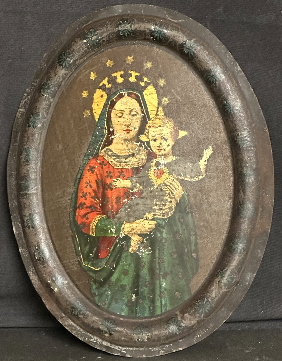 Vierge à l’enfant XIXe sur metal bombé Lithographie polychrome religieuse Napoléon III