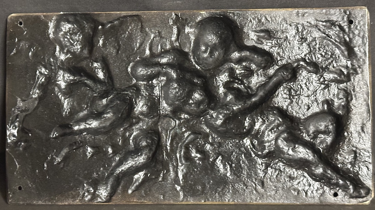 Bas-relief en bronze XIXe dlg de Clodion 3 anges putti 19x37cm-photo-1