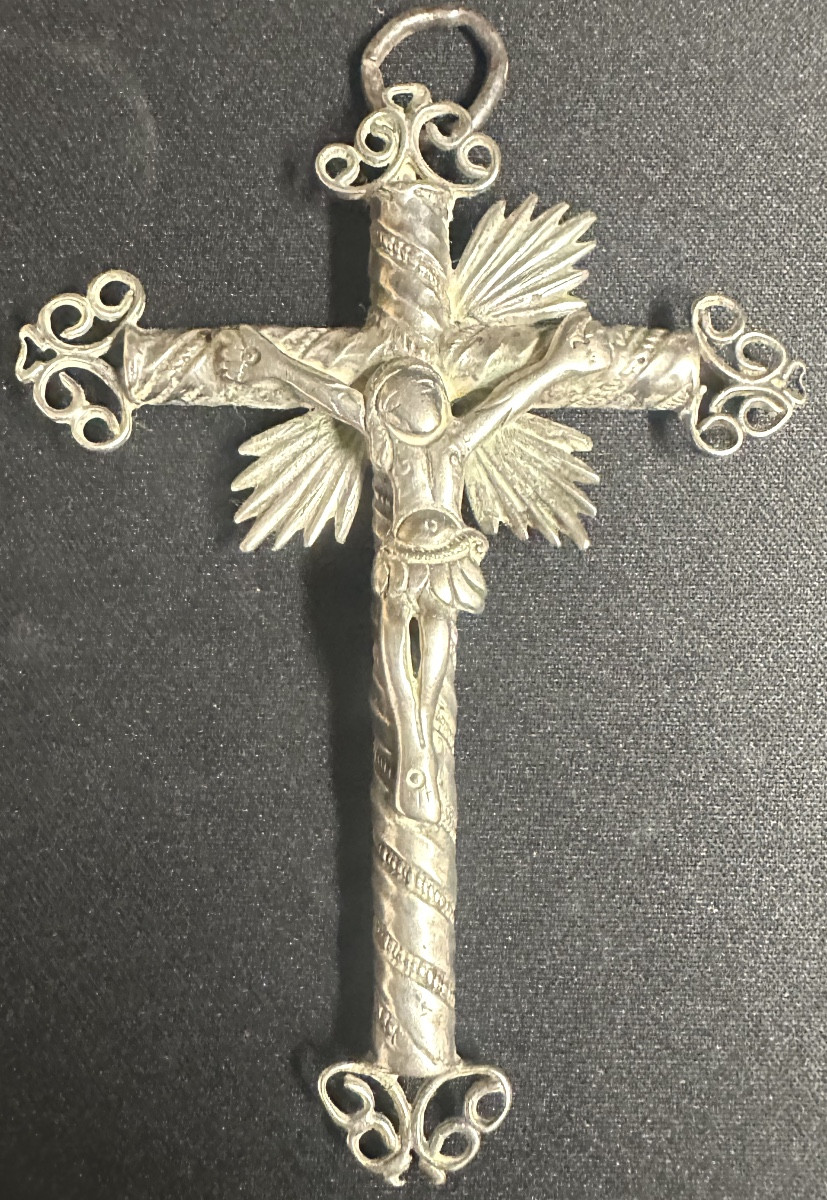 Antique Large Pectoral Cross In Unmarked Silver Crucifix 18th / 19th Century