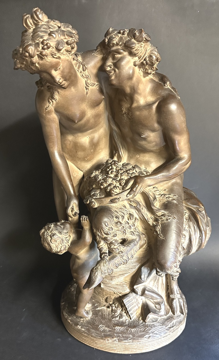 CLODION 1738-1814 d’après Important groupe XIXe en terre cuite la famille du faune-photo-3