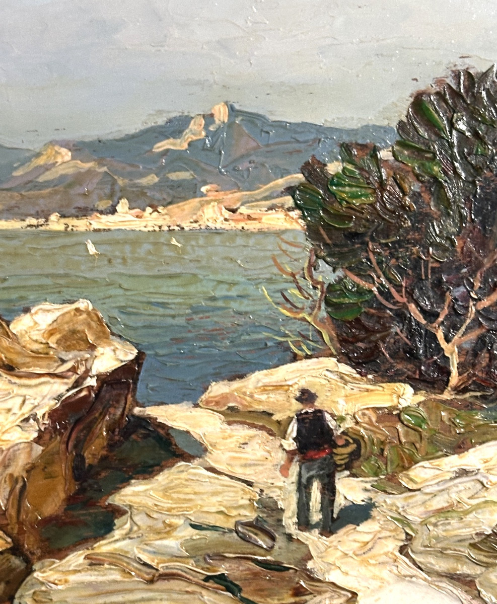 Gustave Vidal 1895-1966 Oil Corsican Coastline Animated Signed Méditerranée -photo-4
