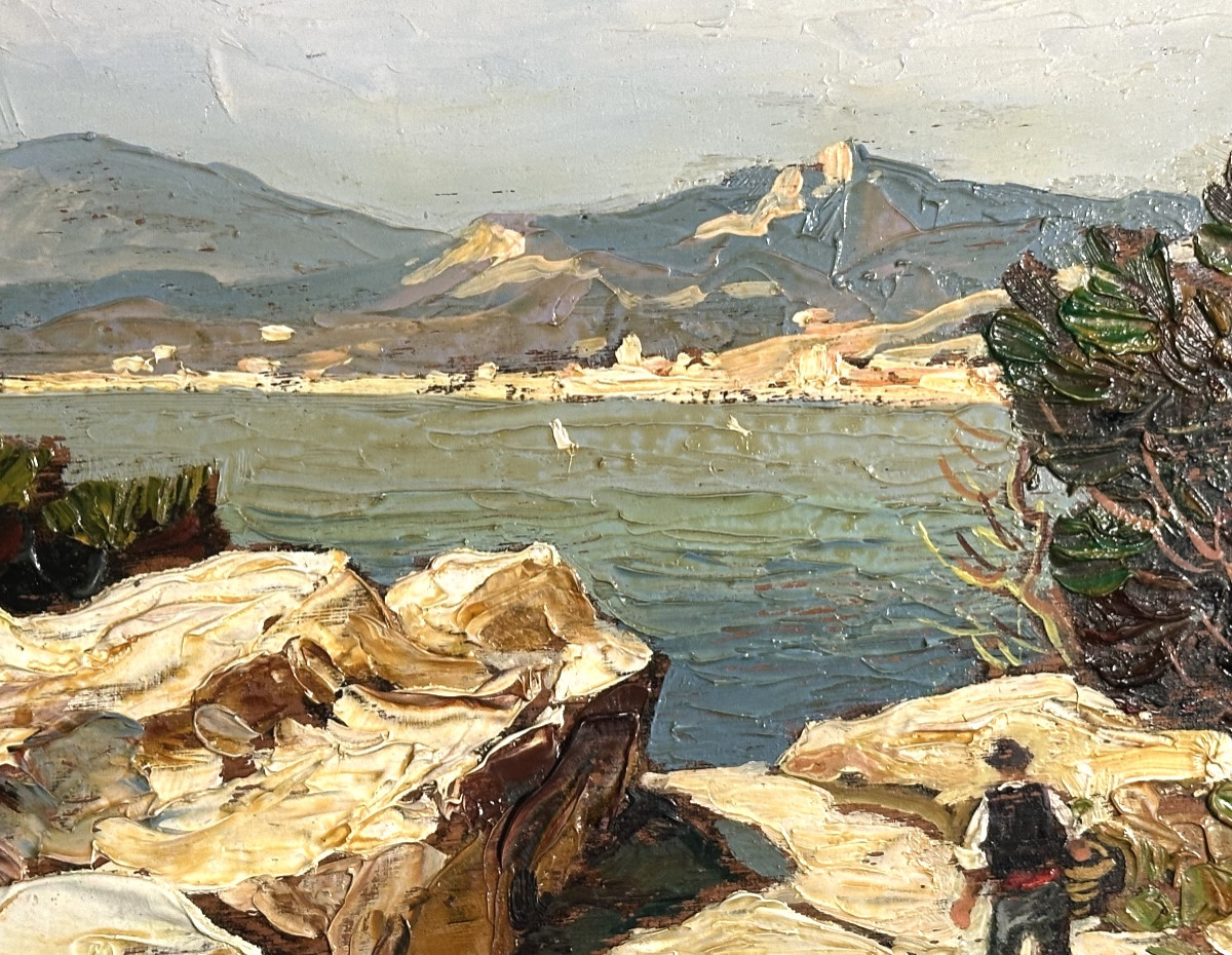 Gustave Vidal 1895-1966 Oil Corsican Coastline Animated Signed Méditerranée -photo-1