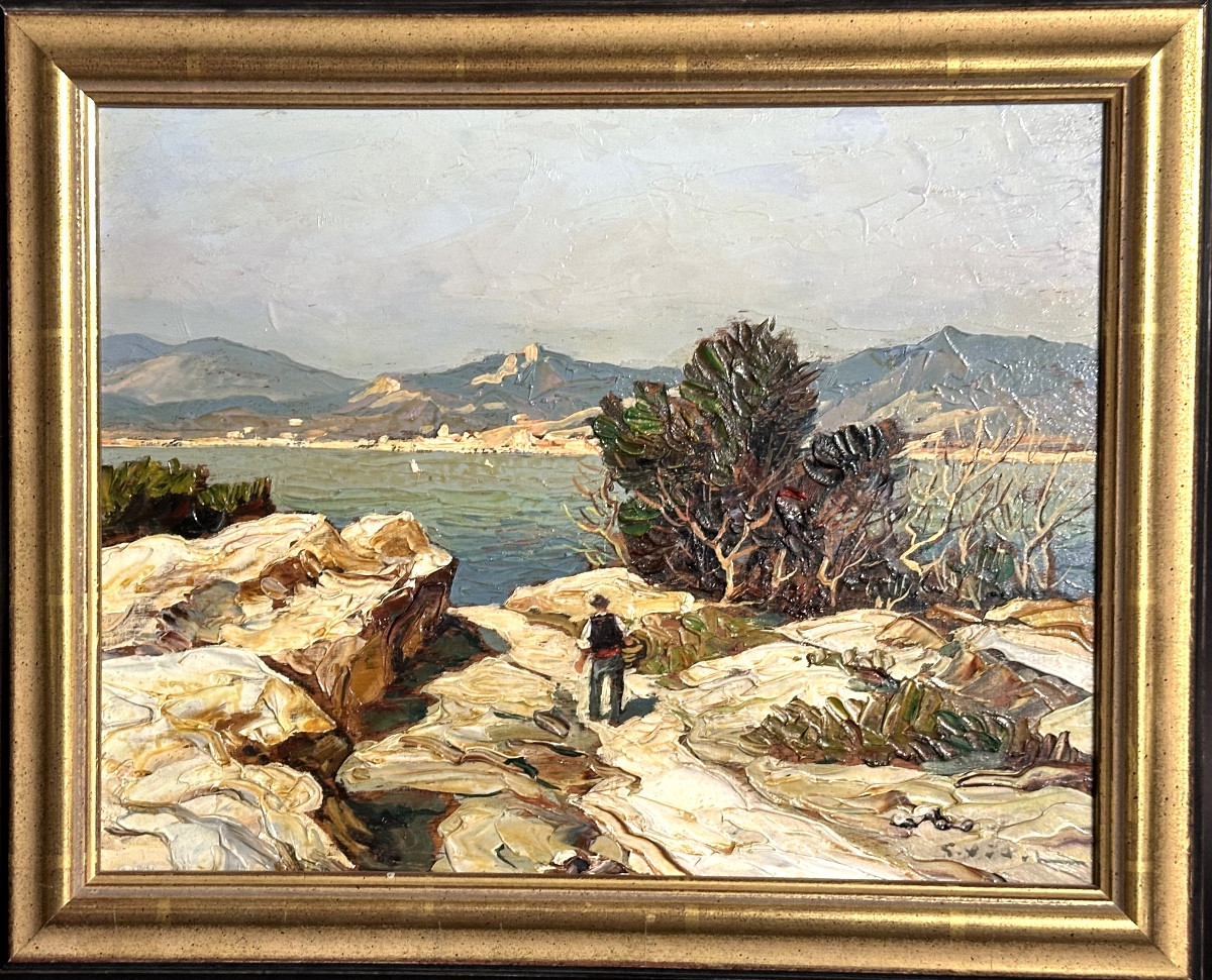 Gustave Vidal 1895-1966 Oil Corsican Coastline Animated Signed Méditerranée 