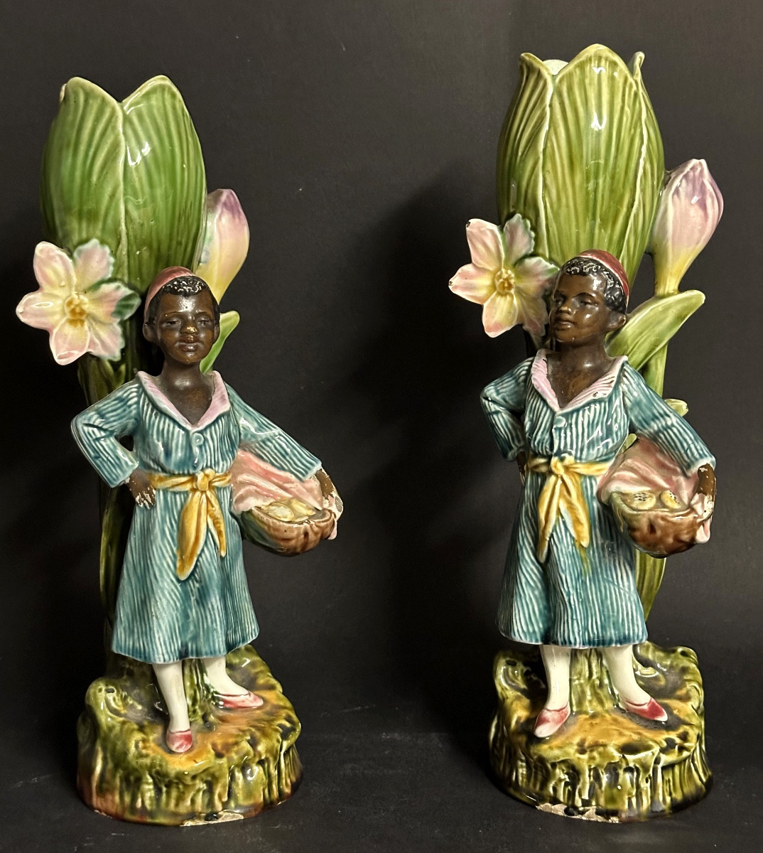 Onnaing Pair Of 19th Century Vases Black Servants In Very Good Condition 29cm Tulip Pots 