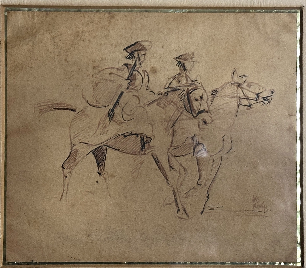 Brazil 19th Century Bistre Ink Signed (?) 2 Riders Rio De Janeiro-photo-2
