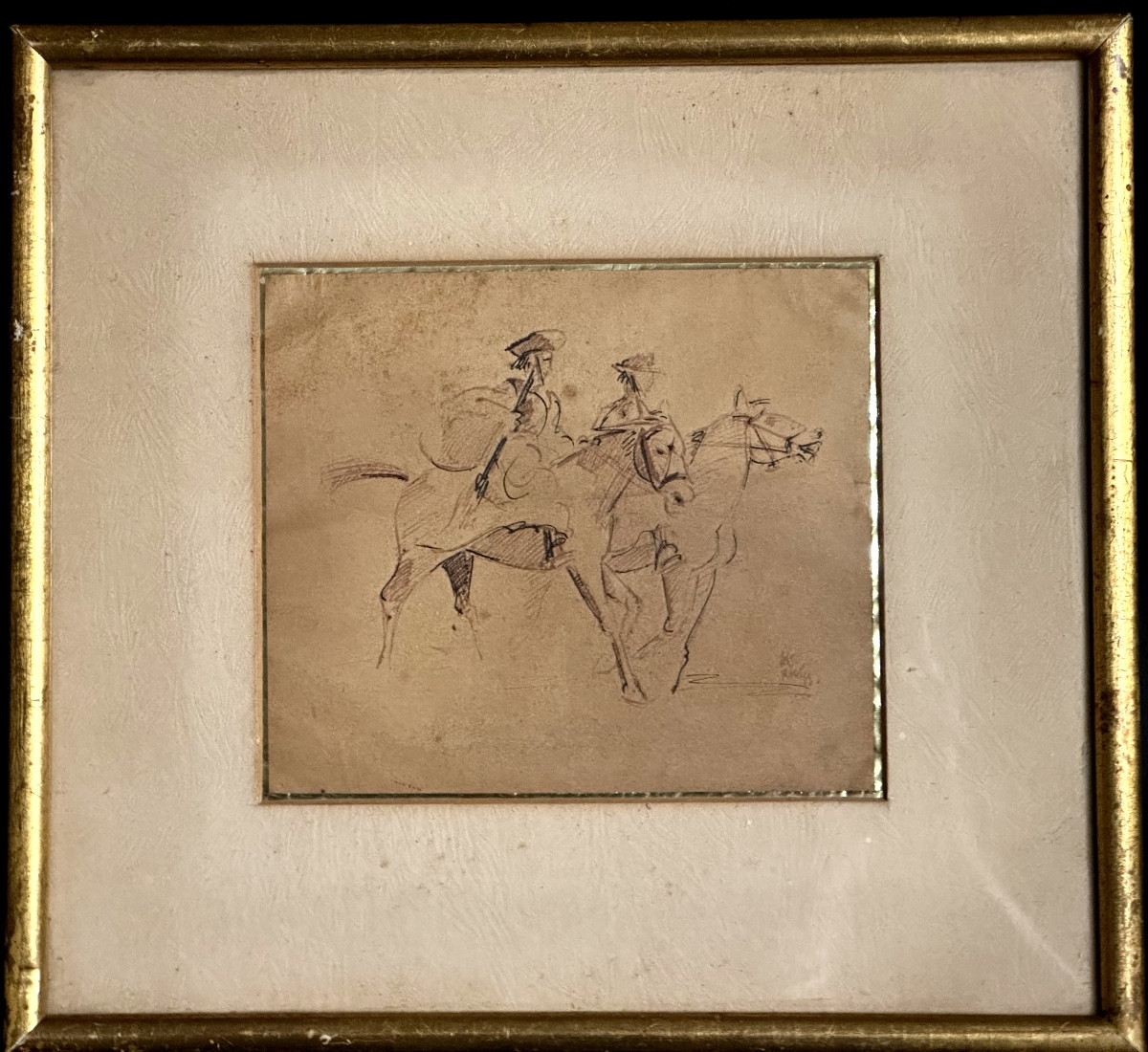 Brazil 19th Century Bistre Ink Signed (?) 2 Riders Rio De Janeiro
