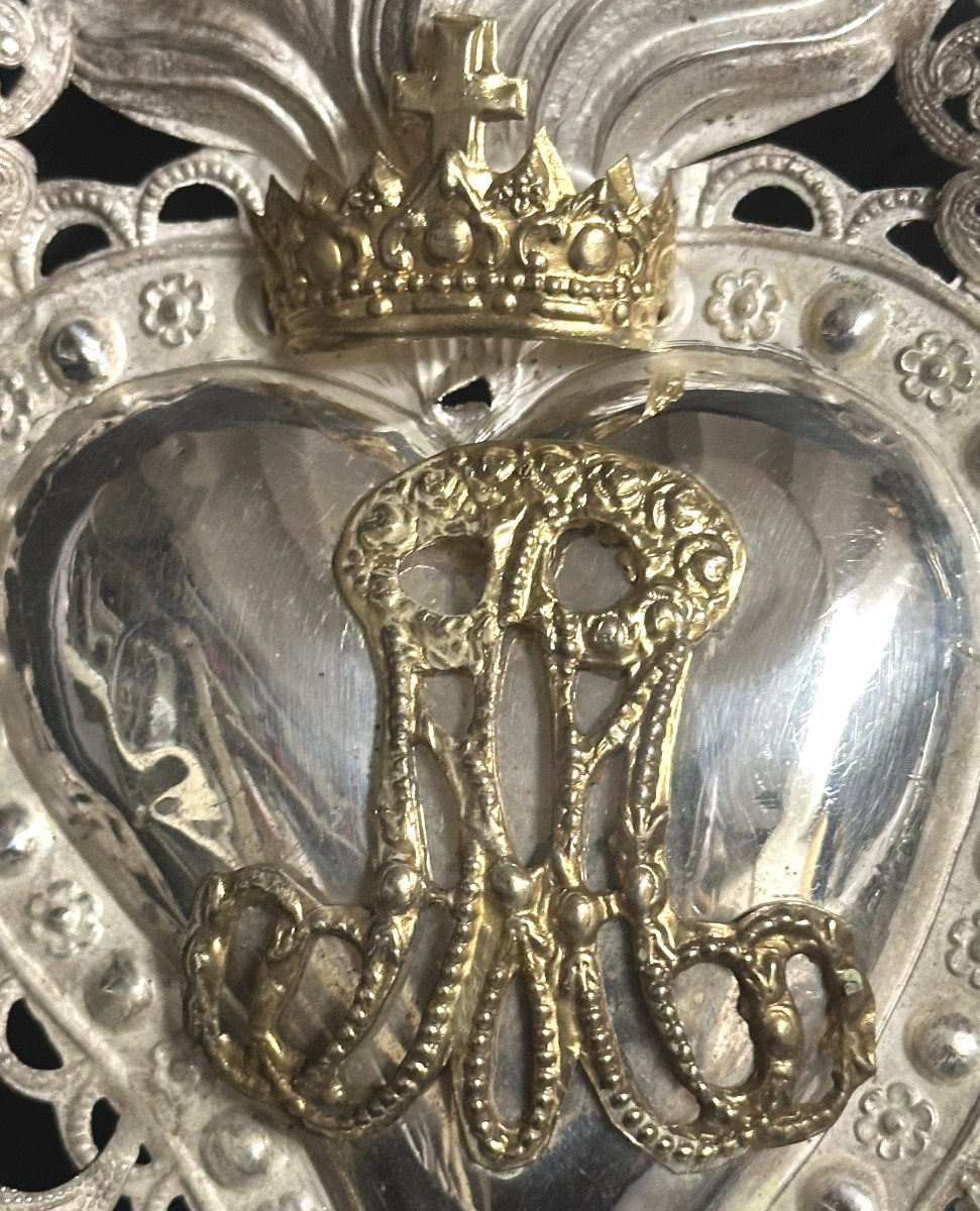 Grand EX VOTO cœur anges 22,5cm en argent non poinçonné amour St Valentin couronne -photo-2
