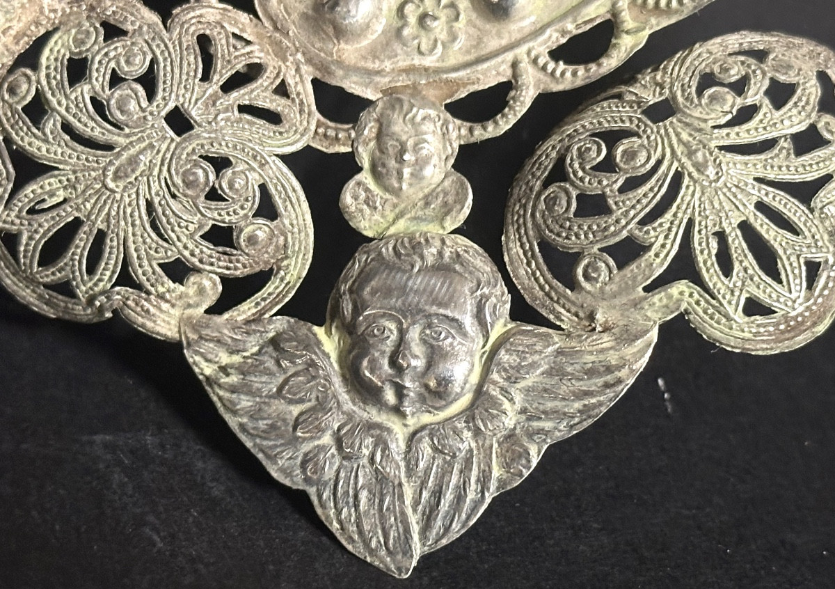 Grand EX VOTO cœur anges 22,5cm en argent non poinçonné amour St Valentin couronne -photo-4