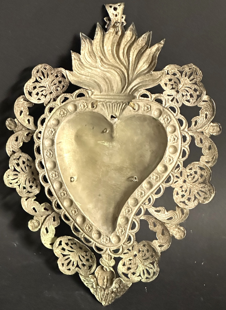 Grand EX VOTO cœur anges 22,5cm en argent non poinçonné amour St Valentin couronne -photo-1