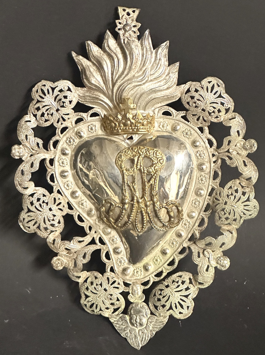 Grand EX VOTO cœur anges 22,5cm en argent non poinçonné amour St Valentin couronne 